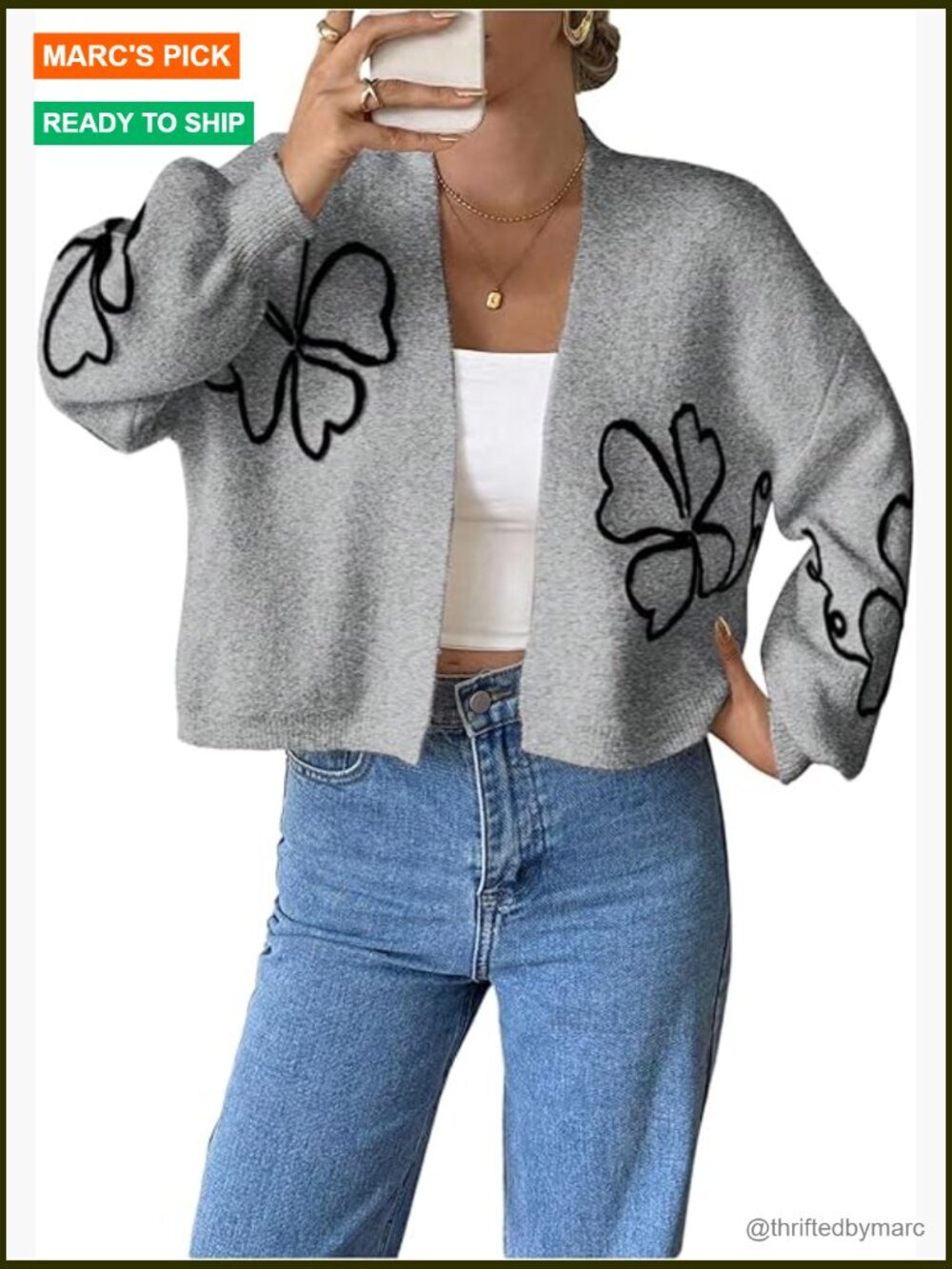 Floral Cropped Open Front Cardigan Sweater Long Sleeve Knit Casual Trendy